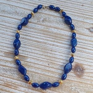 VTG Crown Trafari Summer Navy Blue Beaded Necklace W/ Gold Spacers 16in